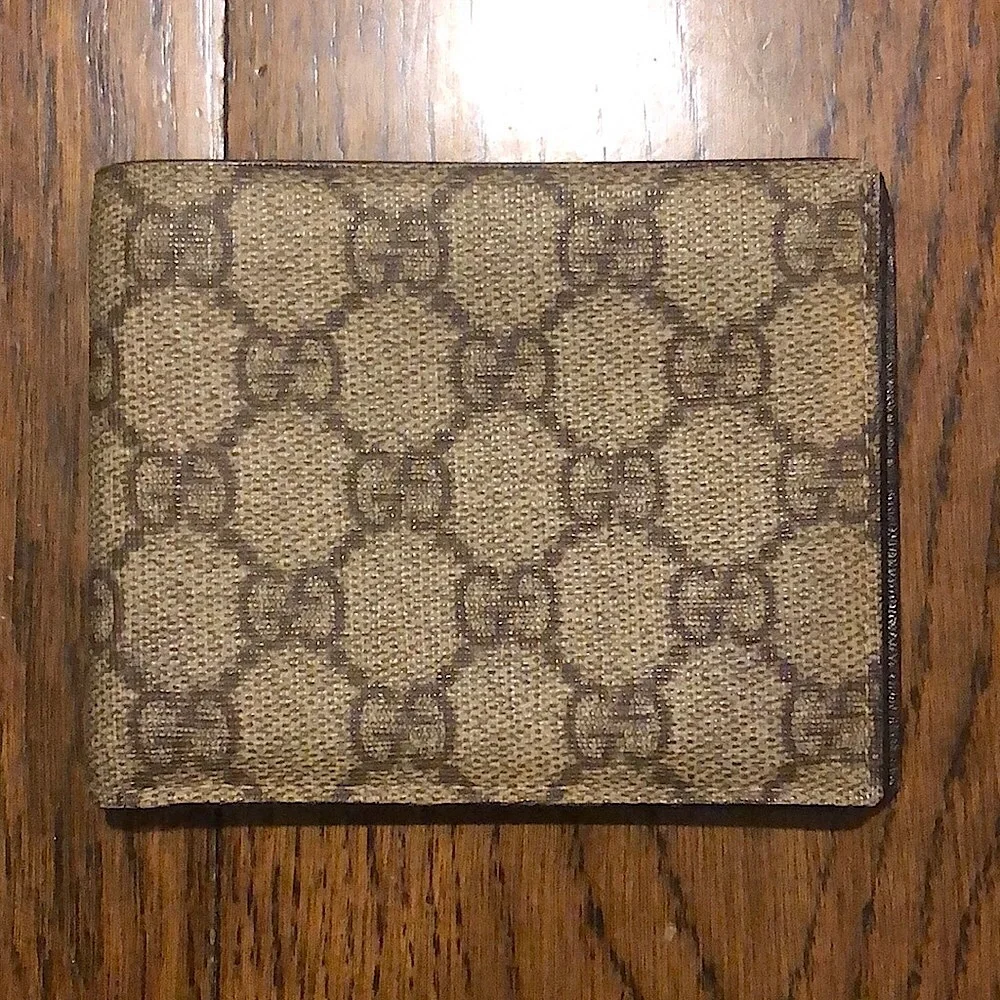 GUCCI GG Supreme Brown Leather Coated Canvas Monogram Bifold Wallet